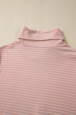 Clearance Dear-Lover Cowl Neck Side Slits Loose Fit Long Sleeve Top Pink Stripe