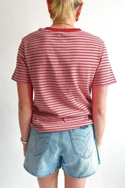 Hot Dear-Lover Crew Neck Casual T Shirt Pink Stripe