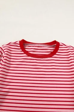 Hot Dear-Lover Crew Neck Casual T Shirt Pink Stripe