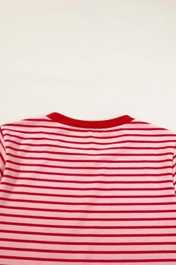 Hot Dear-Lover Crew Neck Casual T Shirt Pink Stripe
