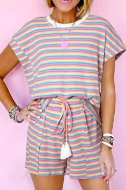 New Dear-Lover Crew Neck Tee and Tasseled Drawstring Shorts Set Pink Stripe