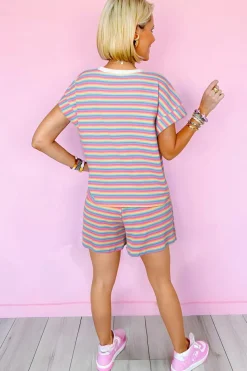 New Dear-Lover Crew Neck Tee and Tasseled Drawstring Shorts Set Pink Stripe