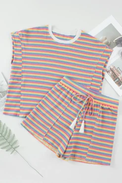 New Dear-Lover Crew Neck Tee and Tasseled Drawstring Shorts Set Pink Stripe