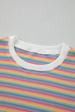 New Dear-Lover Crew Neck Tee and Tasseled Drawstring Shorts Set Pink Stripe