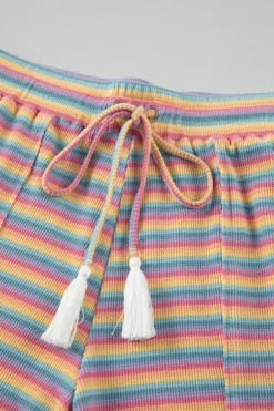 New Dear-Lover Crew Neck Tee and Tasseled Drawstring Shorts Set Pink Stripe
