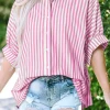 Clearance Dear-Lover Dolman Sleeve Oversize Shirt Pink Stripe