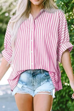 Clearance Dear-Lover Dolman Sleeve Oversize Shirt Pink Stripe