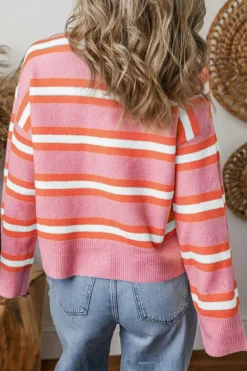 Clearance Dear-Lover Drop Shoulder Buttons Cardigan Sweater Pink Stripe