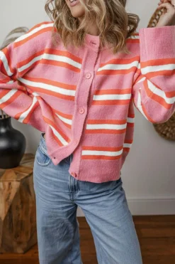 Clearance Dear-Lover Drop Shoulder Buttons Cardigan Sweater Pink Stripe