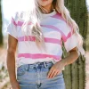 Discount Dear-Lover Dropped Short Sleeve Lightweight Knitted Top Pink Stripe