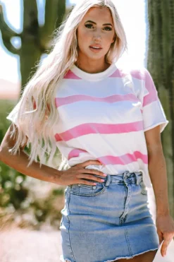 Discount Dear-Lover Dropped Short Sleeve Lightweight Knitted Top Pink Stripe