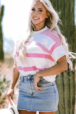 Discount Dear-Lover Dropped Short Sleeve Lightweight Knitted Top Pink Stripe