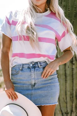 Discount Dear-Lover Dropped Short Sleeve Lightweight Knitted Top Pink Stripe