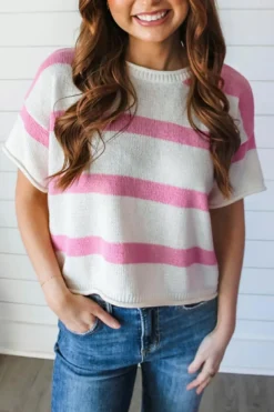 Discount Dear-Lover Dropped Short Sleeve Lightweight Knitted Top Pink Stripe