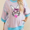 Fashion Dear-Lover Easter Rabbit Graphic Contrast Banded Drop Shoulder Tee Pink Stripe