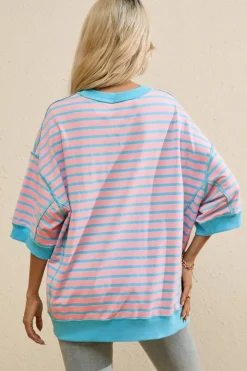 Fashion Dear-Lover Easter Rabbit Graphic Contrast Banded Drop Shoulder Tee Pink Stripe
