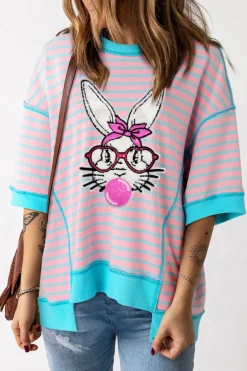 Fashion Dear-Lover Easter Rabbit Graphic Contrast Banded Drop Shoulder Tee Pink Stripe
