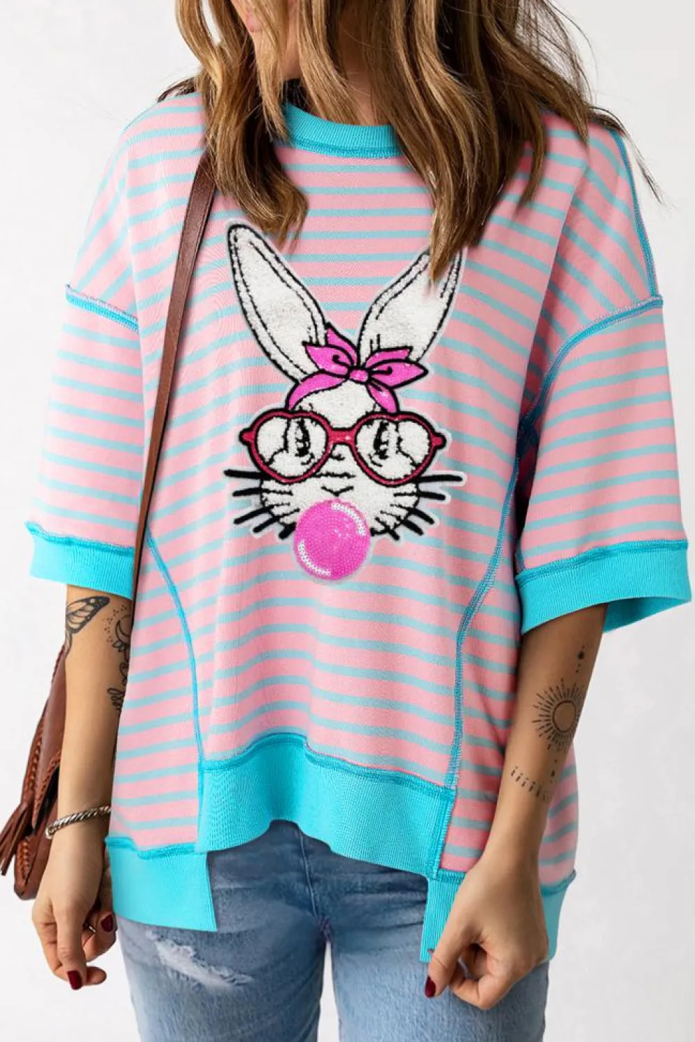 Fashion Dear-Lover Easter Rabbit Graphic Contrast Banded Drop Shoulder Tee Pink Stripe