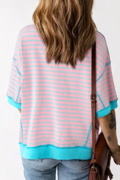 Fashion Dear-Lover Easter Rabbit Graphic Contrast Banded Drop Shoulder Tee Pink Stripe