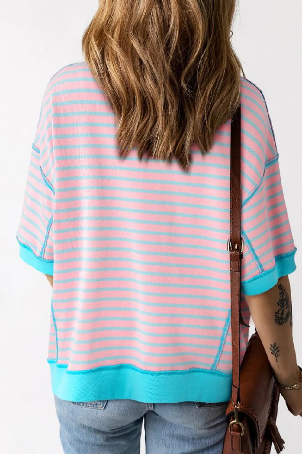 Fashion Dear-Lover Easter Rabbit Graphic Contrast Banded Drop Shoulder Tee Pink Stripe