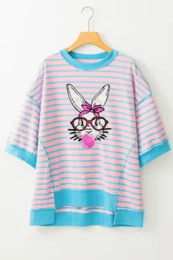 Fashion Dear-Lover Easter Rabbit Graphic Contrast Banded Drop Shoulder Tee Pink Stripe