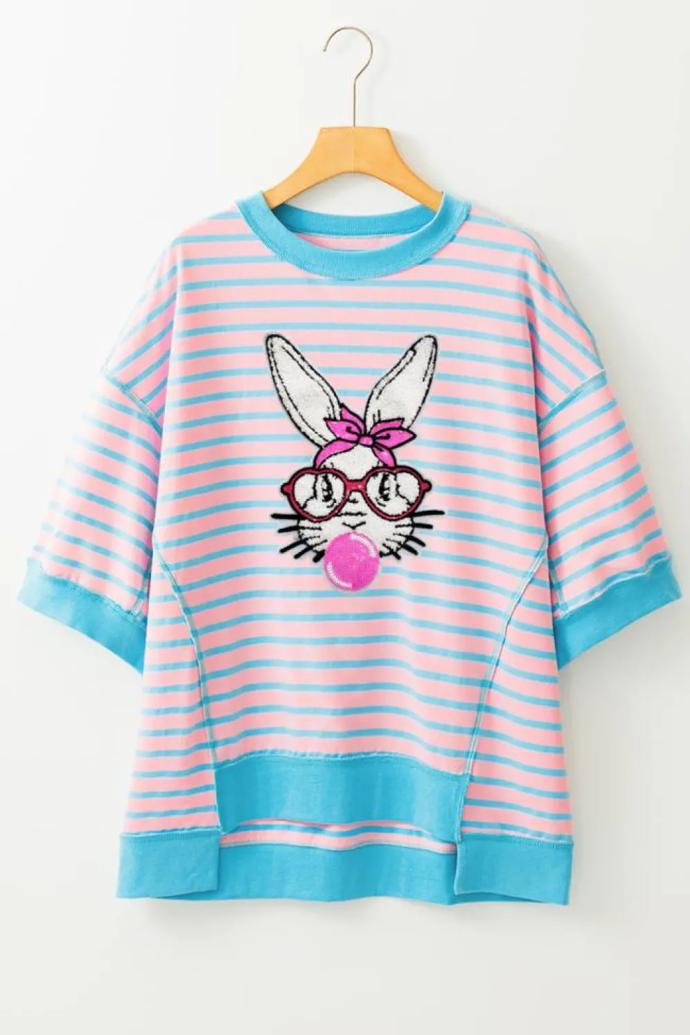 Fashion Dear-Lover Easter Rabbit Graphic Contrast Banded Drop Shoulder Tee Pink Stripe