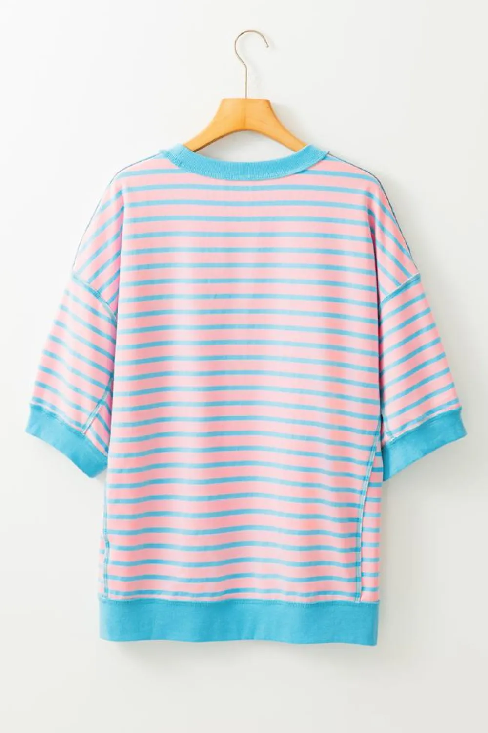 Fashion Dear-Lover Easter Rabbit Graphic Contrast Banded Drop Shoulder Tee Pink Stripe
