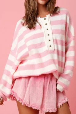 Clearance Dear-Lover Half Buttons Drop Shoulder Sweater Pink Stripe