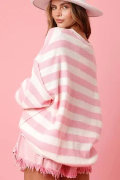 Clearance Dear-Lover Half Buttons Drop Shoulder Sweater Pink Stripe