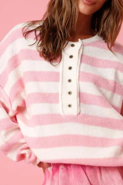 Clearance Dear-Lover Half Buttons Drop Shoulder Sweater Pink Stripe