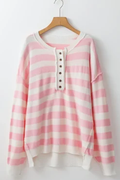 Clearance Dear-Lover Half Buttons Drop Shoulder Sweater Pink Stripe