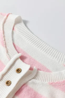 Clearance Dear-Lover Half Buttons Drop Shoulder Sweater Pink Stripe