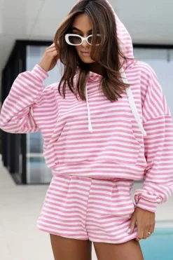 Outlet Dear-Lover Kangaroo Pocket Hoodie and Wide Leg Shorts Set Pink Stripe
