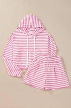 Outlet Dear-Lover Kangaroo Pocket Hoodie and Wide Leg Shorts Set Pink Stripe