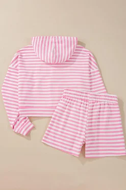 Outlet Dear-Lover Kangaroo Pocket Hoodie and Wide Leg Shorts Set Pink Stripe
