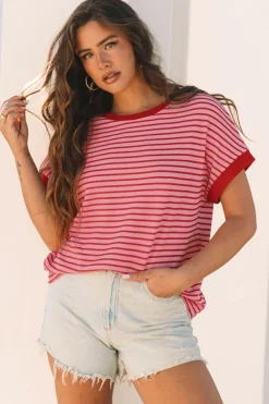 Hot Dear-Lover Knitted Round Neck T Shirt Pink Stripe