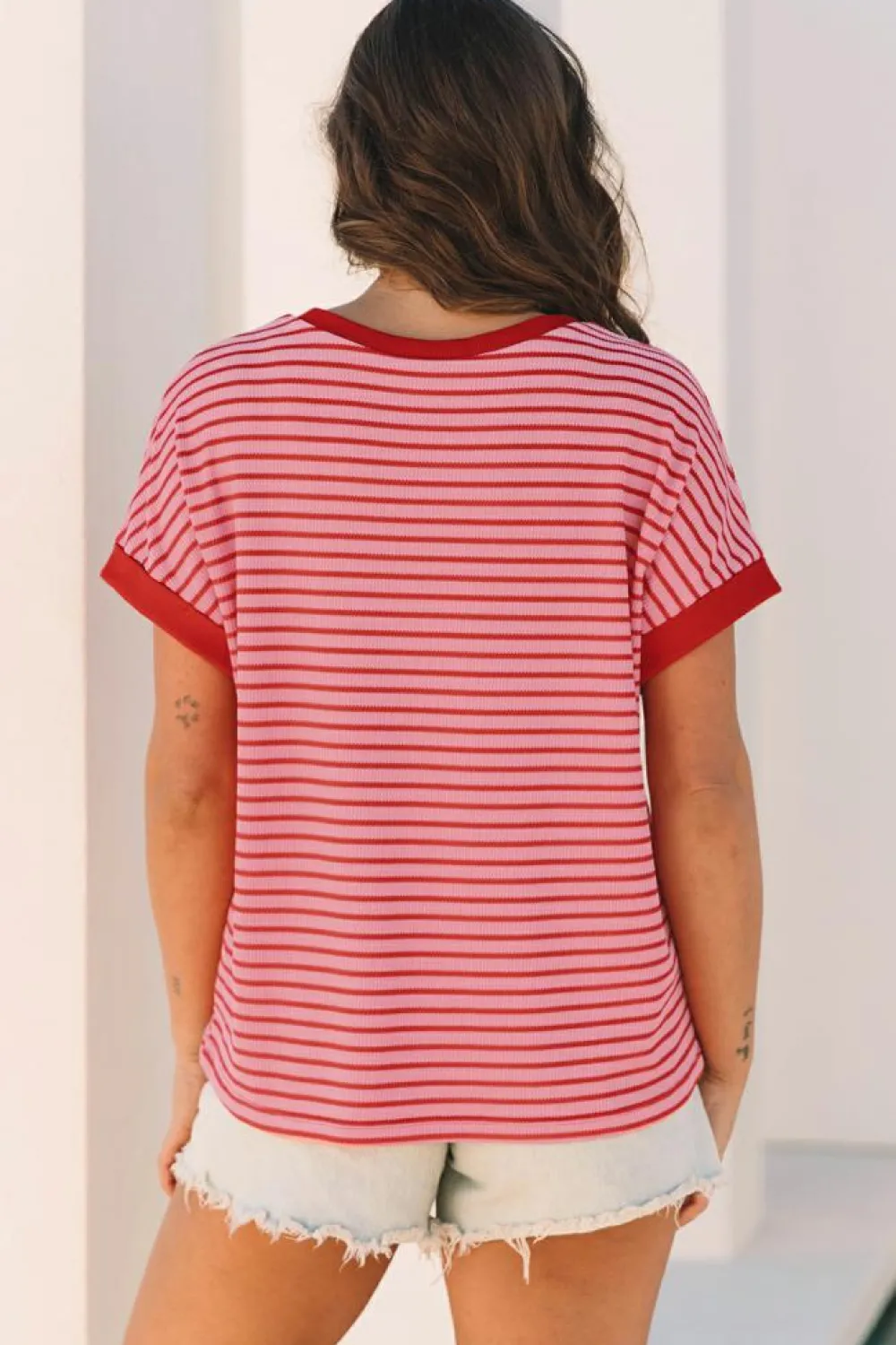 Hot Dear-Lover Knitted Round Neck T Shirt Pink Stripe