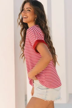 Hot Dear-Lover Knitted Round Neck T Shirt Pink Stripe