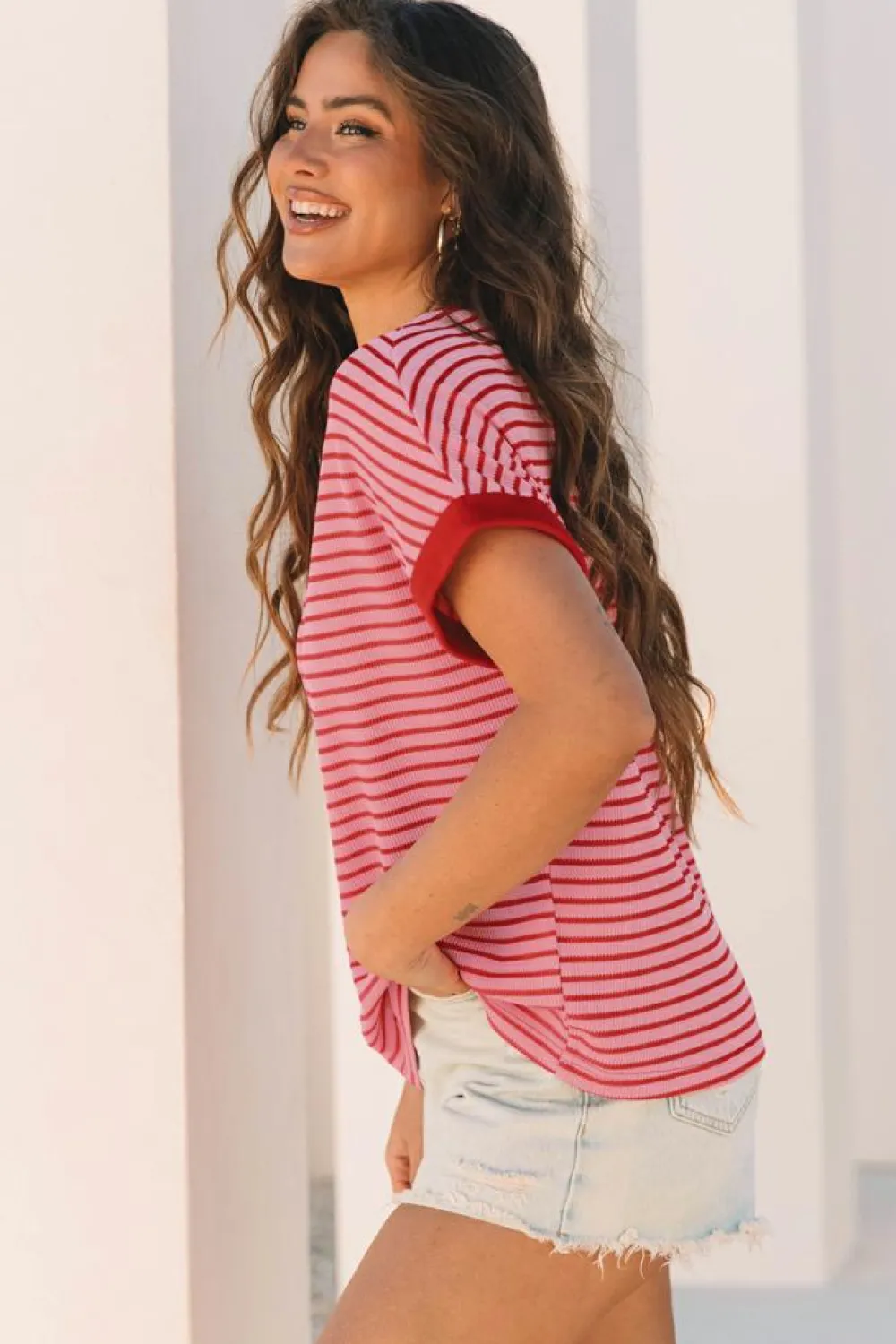 Hot Dear-Lover Knitted Round Neck T Shirt Pink Stripe