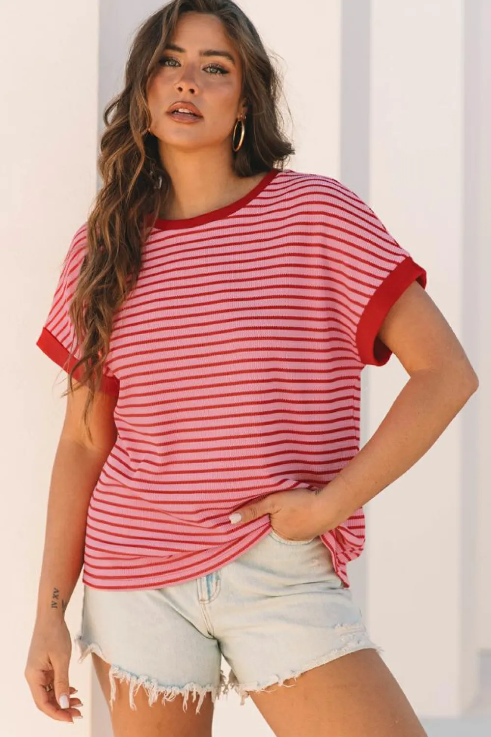 Hot Dear-Lover Knitted Round Neck T Shirt Pink Stripe