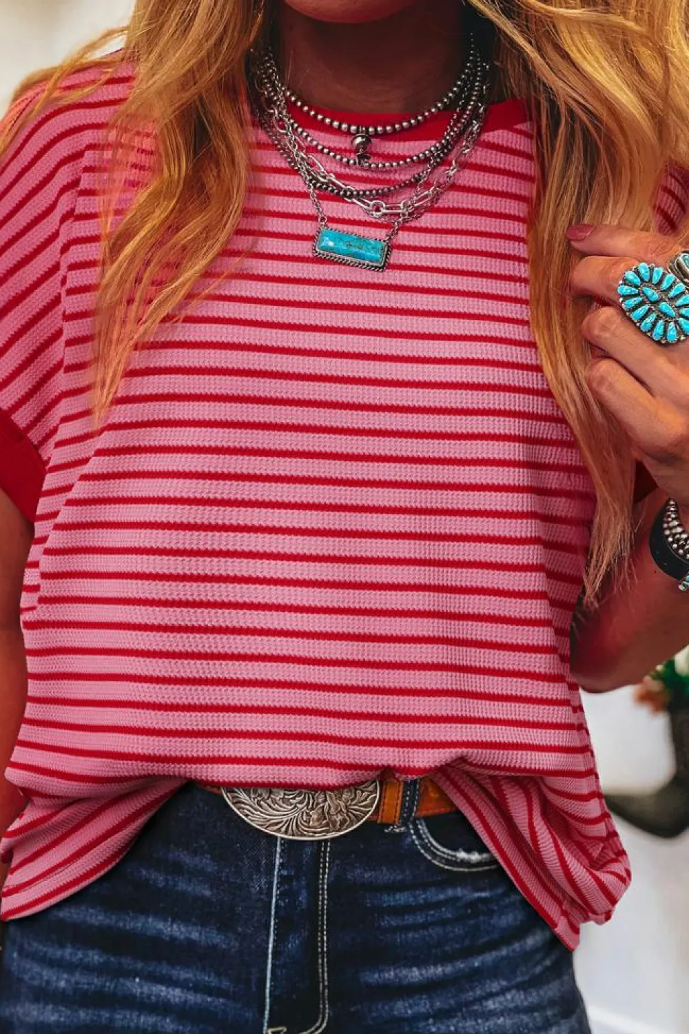 Hot Dear-Lover Knitted Round Neck T Shirt Pink Stripe
