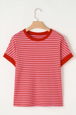 Hot Dear-Lover Knitted Round Neck T Shirt Pink Stripe