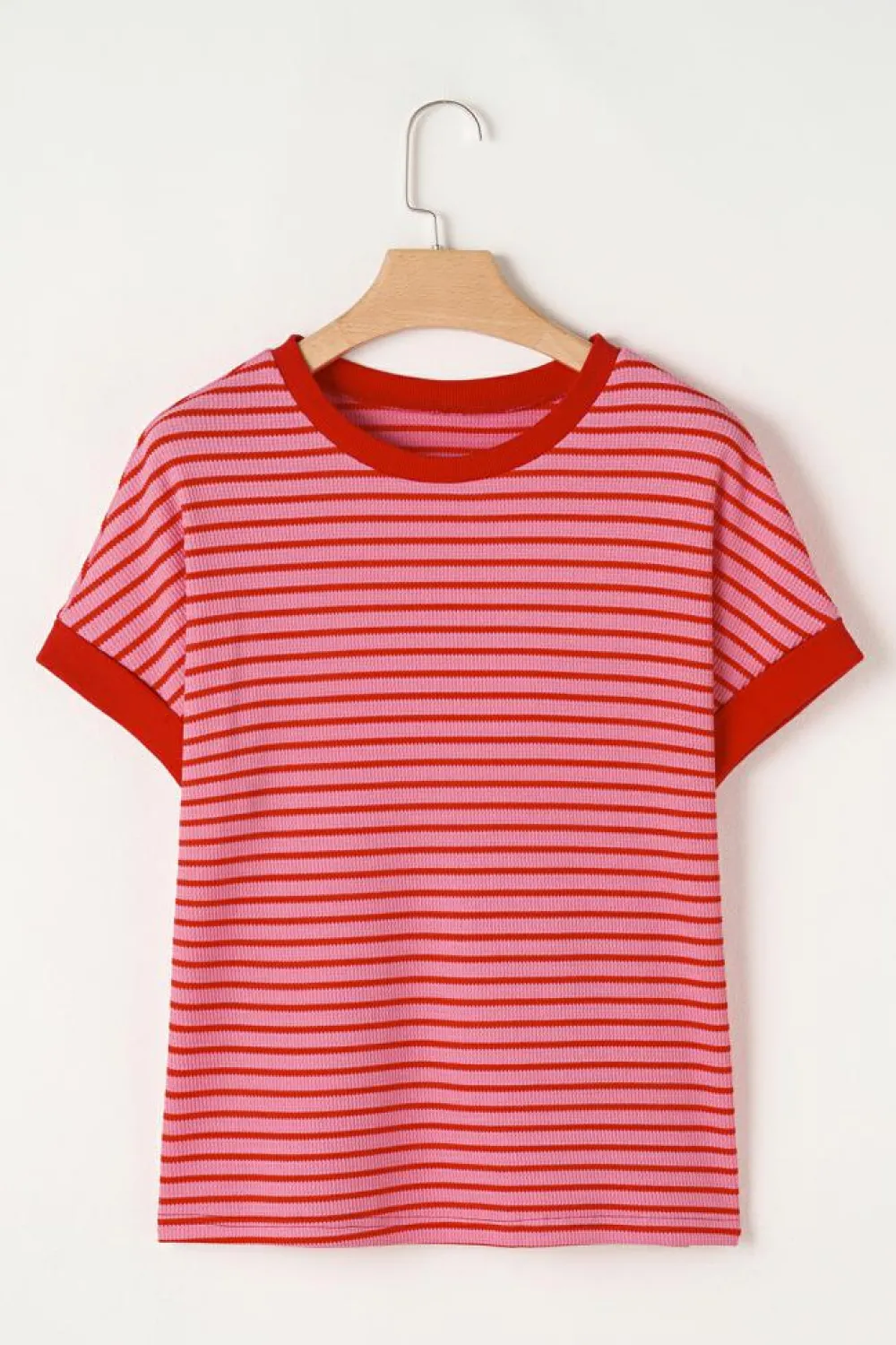 Hot Dear-Lover Knitted Round Neck T Shirt Pink Stripe