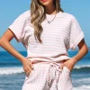 Hot Dear-Lover Knitted Short Sleeve Top and Drawstring Shorts Set Pink Stripe