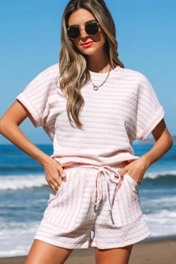 Hot Dear-Lover Knitted Short Sleeve Top and Drawstring Shorts Set Pink Stripe