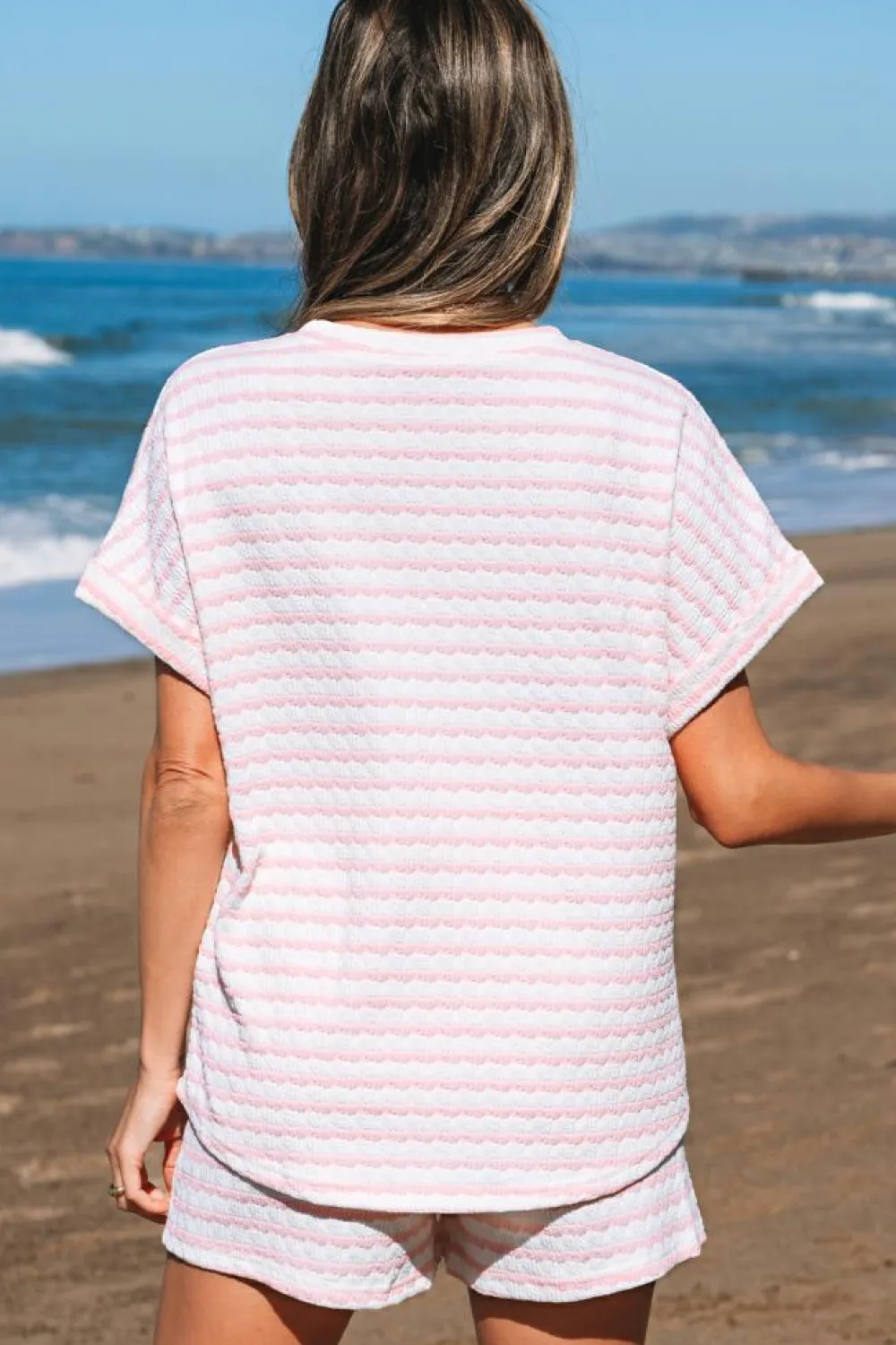 Hot Dear-Lover Knitted Short Sleeve Top and Drawstring Shorts Set Pink Stripe
