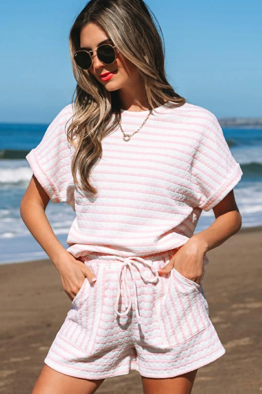 Hot Dear-Lover Knitted Short Sleeve Top and Drawstring Shorts Set Pink Stripe