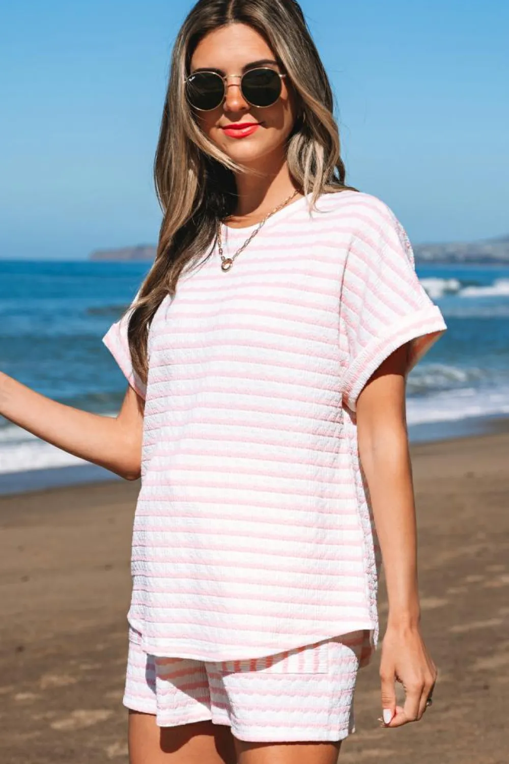 Hot Dear-Lover Knitted Short Sleeve Top and Drawstring Shorts Set Pink Stripe