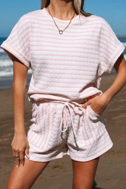 Hot Dear-Lover Knitted Short Sleeve Top and Drawstring Shorts Set Pink Stripe