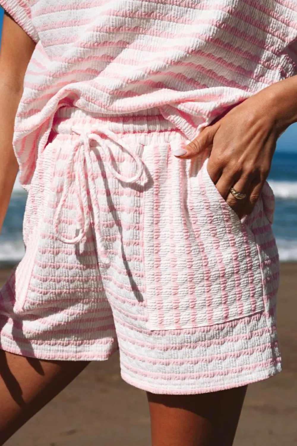 Hot Dear-Lover Knitted Short Sleeve Top and Drawstring Shorts Set Pink Stripe
